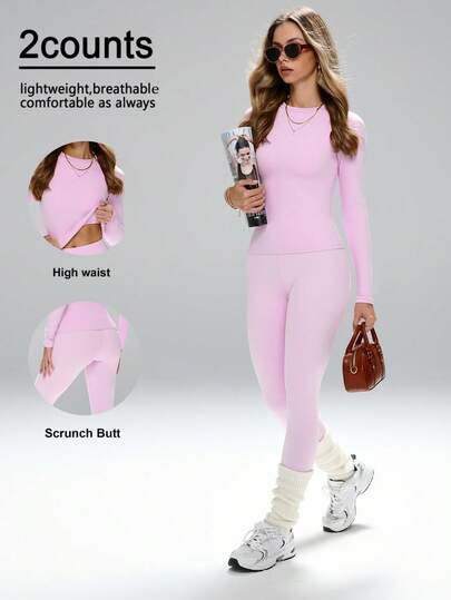 FWH مجموعة تمرين ذات خصر مرتفع، ملابس رياضية مسيطرة على البطن، طقم رياضي مسطح الخصر، مجموعة تمرين أساسية للنساء باللون الوردي، تصميم مريح وأنيق - رقبة دائرية كلاسيكية + أكمام طويلة أنيقة، حزام خصر رافع للأرداف، مجموعة منسقة، #ملابس_رياضية_أساسية#من_الجيم_