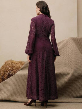 Anewsta فستان طويل الأكمام من الدانتيل باللون البرغندي للنساء