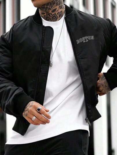 جاكيت رجالية عصرية مطبوعة، جاكيت بيسبول كاجوال، ملابس خارجية خفيفة للربيع/الخريف، جاكيت طيران بياقة بيسبول وأكمام طويلة وسحاب