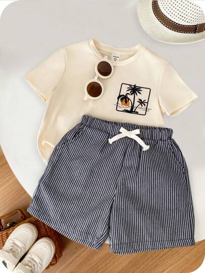 SHEIN مجموعة قميص كاجوال بأكمام قصيرة وطباعة أشجار النخيل وشورت مخطط بخصر مطاطي للأولاد المراهقين، مناسبة للمدرسة والأعياد والأداء والاستخدام اليومي والسفر، مناسبة للربيع والصيف
