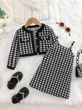SHEIN طقم فستان رقبة تكشير لطفلة بنقشة التويد مع جاكيت كونتراست لون، خريف/شتاء