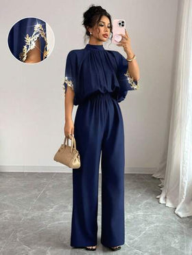 Elenzga جمبسوت نسائية أنيقة بأكمام خفافيش سوداء مع تطريز ذهبي، تصميم حديث، فضفاضة، مناسبة للربيع والصيف