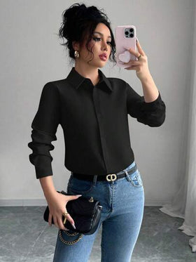 Elenzga قميص نسائي أحادي اللون بأكمام طويلة وأزرار أمامية للاستخدام اليومي أو للعمل