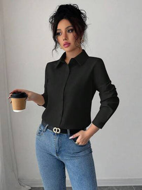 Elenzga قميص نسائي أحادي اللون بأكمام طويلة وأزرار أمامية للاستخدام اليومي أو للعمل