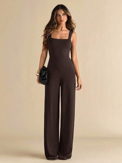 SHEIN BAE جمبسوت نسائية أنيقة وجذابة بحمالات رفيعة وساقين واسعتين باللون الأسود الصلب مع تصميم ظهر مكشوف وفيونكة، مناسبة للارتداء اليومي، المواعدة، الخروج، الحفلات، التجمعات، طبقات الملابس الأنيقة للنساء، ملابس الخروج، عيد الحب، كاجوال، أنيق، عطلة