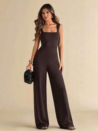 SHEIN BAE جمبسوت نسائية أنيقة وجذابة بحمالات رفيعة وساقين واسعتين باللون الأسود الصلب مع تصميم ظهر مكشوف وفيونكة، مناسبة للارتداء اليومي، المواعدة، الخروج، الحفلات، التجمعات، طبقات الملابس الأنيقة للنساء، ملابس الخروج، عيد الحب، كاجوال، أنيق، عطلة
