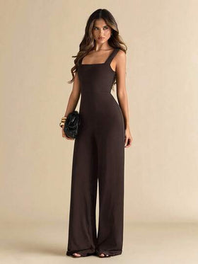 SHEIN BAE جمبسوت نسائية أنيقة وجذابة بحمالات رفيعة وساقين واسعتين باللون الأسود الصلب مع تصميم ظهر مكشوف وفيونكة، مناسبة للارتداء اليومي، المواعدة، الخروج، الحفلات، التجمعات، طبقات الملابس الأنيقة للنساء، ملابس الخروج، عيد الحب، كاجوال، أنيق، عطلة