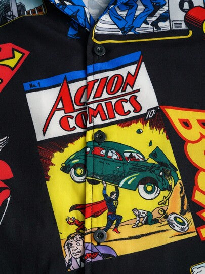 SUPERMAN X SHEIN قميص رجالي أكمام قصيرة أزرار أمامية مطبوع عليه رسومات أحرف وكرتونية