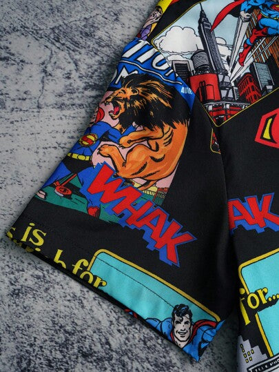 SUPERMAN X SHEIN قميص رجالي أكمام قصيرة أزرار أمامية مطبوع عليه رسومات أحرف وكرتونية