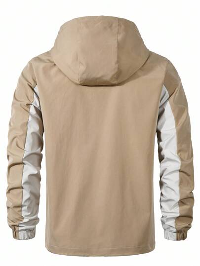 Manfinity Homme معطف رجالي بسحاب وكابوت بألوان متباينة، معطف رجالي مقاوم للرياح، معطف رجالي خفيف الوزن، معطف رجالي بكابوت، معطف رجالي بسحاب، ملابس خارجية رجالية