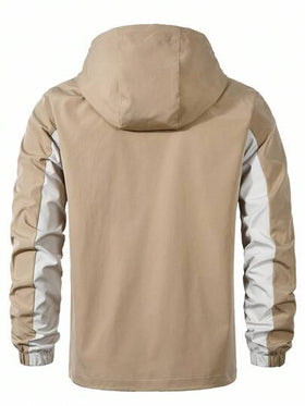 Manfinity Homme معطف رجالي بسحاب وكابوت بألوان متباينة، معطف رجالي مقاوم للرياح، معطف رجالي خفيف الوزن، معطف رجالي بكابوت، معطف رجالي بسحاب، ملابس خارجية رجالية