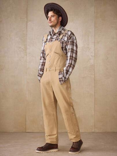 Manfinity Homme جمبسوت قصيرة فضفاضة بتصميم رقعي بألوان الخاكي، بأربطة على الكتفين، طراز الشارع، للربيع والصيف