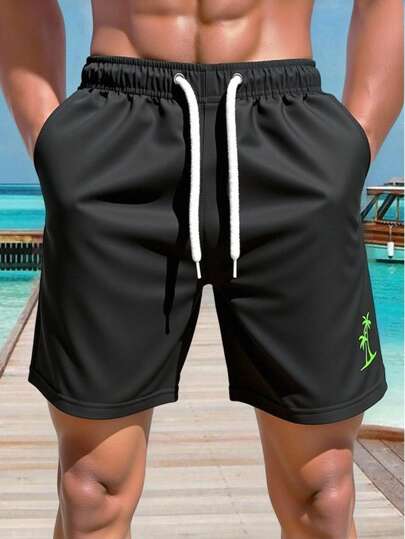 Surfspeed شورت شاطئ مطبوع بأشجار جوز الهند مع خصر رباط للرجال في الصيف