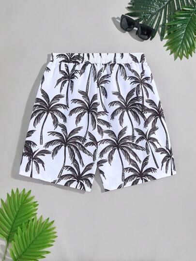 SHEIN شورت شاطئ مطبوع بنمط أشجار النخيل من قماش منسوج، طراز عطلة الرجال، متطابق عائلي أم وطفل (يباع 4 قطع بشكل منفصل)