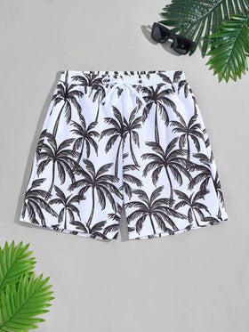 SHEIN شورت شاطئ مطبوع بنمط أشجار النخيل من قماش منسوج، طراز عطلة الرجال، متطابق عائلي أم وطفل (يباع 4 قطع بشكل منفصل)