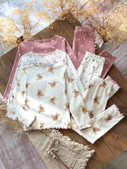 Emery Rose Kids Emery Rose Kids 6 قطع/مجموعة بنطلون وتي شيرت كاجوال مطبوع بالزهور والدب للفتيات الصغيرات