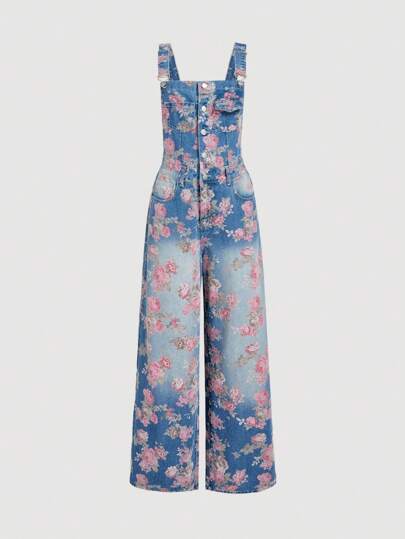 SHEIN MOD بنطلون جينز مطبوع بزهور مغسول كاجوال للنساء