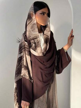 عباية كارديجان مطبوعة باللون البني مع وشاح رأس، رداء خارجي كاجوال عصري للنساء المسلمات