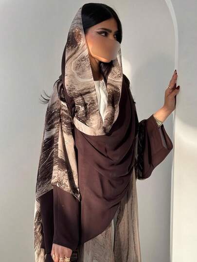 عباية كارديجان مطبوعة باللون البني مع وشاح رأس، رداء خارجي كاجوال عصري للنساء المسلمات