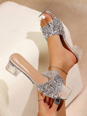 صنادل نسائية ذات كعب سميك شفاف مزينة بأشرطة بلورية وفيونكة من اللؤلؤ الاصطناعي بأصبع قدم مربع وكعب سميك، أنيقة وشاملة، كعب عالي جديد بأصبع قدم مربع وكعب سميك، مناسبة للربيع والصيف