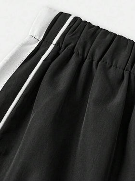 Girlism قميص كروب مناسب للمراهقات بأكمام راجلان ملونة وتصميم مطوي في الأسفل + بنطال رياضي واسع الساق مناسب للعودة إلى المدرسة باللون الأسود