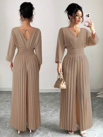 Selianne جمبسوت نسائية أنيقة ذات لون أحادي، رقبة V مفرقعة، أكمام خفاش، سروال واسع مطوي