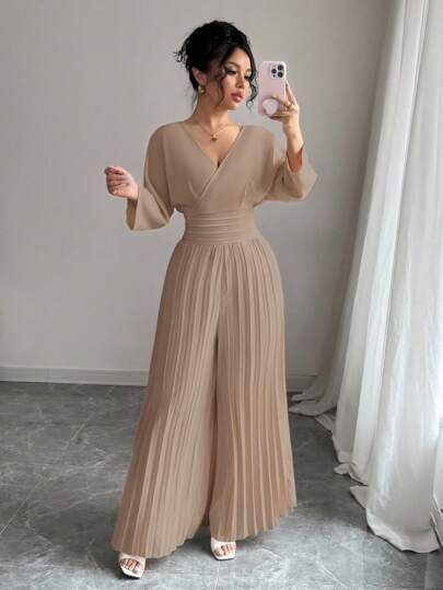Selianne جمبسوت نسائية أنيقة ذات لون أحادي، رقبة V مفرقعة، أكمام خفاش، سروال واسع مطوي