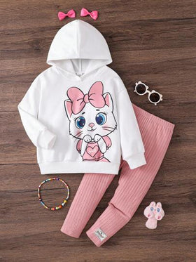 Emery Rose Kids Emery Rose Kids طقم بلوزة هودي مطبوعة برسوم كرتونية جميلة وبنطلون طويل مع خصر مطاطي - مثالي للارتداء اليومي والمدرسي في فصلي الخريف والشتاء، ملابس دافئة ومريحة للفصول الباردة