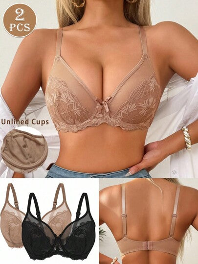 SHEIN قطعتان من حمالات الصدر الأنيقة والجذابة ذات التصميم الشفاف المزين بالزهور والأقواس، حمالة صدر بتأثير رفع وتقليل الحجم مع سلك داعم