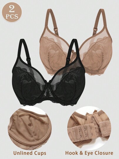 SHEIN قطعتان من حمالات الصدر الأنيقة والجذابة ذات التصميم الشفاف المزين بالزهور والأقواس، حمالة صدر بتأثير رفع وتقليل الحجم مع سلك داعم