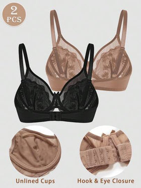 SHEIN قطعتان من حمالات الصدر الأنيقة والجذابة ذات التصميم الشفاف المزين بالزهور والأقواس، حمالة صدر بتأثير رفع وتقليل الحجم مع سلك داعم