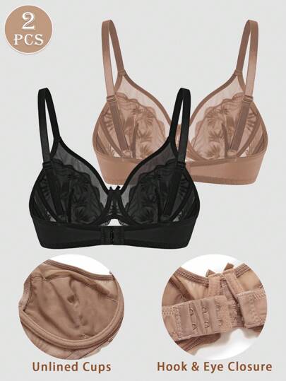 SHEIN قطعتان من حمالات الصدر الأنيقة والجذابة ذات التصميم الشفاف المزين بالزهور والأقواس، حمالة صدر بتأثير رفع وتقليل الحجم مع سلك داعم