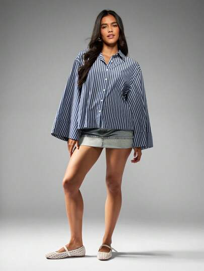 MISSGUIDED ملابس علوية كلاسيكي بياقة منحنية وأكمام واسعة ذو أكمام طويلة مخطط، للارتداء في المكتب والأعمال الرسمية الكاجوال في فصلي الربيع والخريف، بنمط خطوط كلاسيكية باللونين الأزرق الكلاسيكي والأبيض