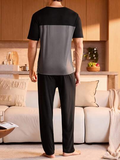 Manfinity Underwear&Sleepwear Basics بيجامة رجالية مصنوعة من الأقمشة الناعمة المحبوكة بياقة دائرية وسراويل طويلة مريحة