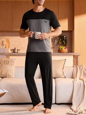Manfinity Underwear&Sleepwear Basics بيجامة رجالية مصنوعة من الأقمشة الناعمة المحبوكة بياقة دائرية وسراويل طويلة مريحة