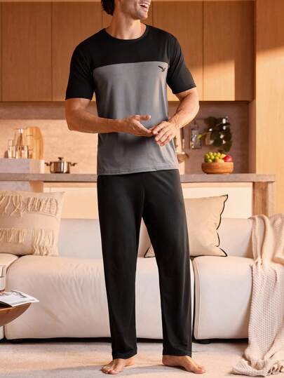 Manfinity Underwear&Sleepwear Basics بيجامة رجالية مصنوعة من الأقمشة الناعمة المحبوكة بياقة دائرية وسراويل طويلة مريحة