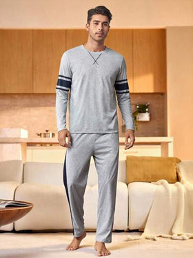 Manfinity Underwear&Sleepwear Basics طقم بيجامة للرجال مطبوع بخطوط، ملابس خريف وشتاء