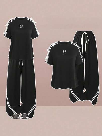 SHEIN LUNE مجموعة قطعتين للنساء ب، بدلة رياضية كاجوال مرقعة بخطوط وزخرفة فيونكة بطراز كلية جميل، ملابس علوية بأكمام قصيرة مطرز بفيونكة وبنطال بخصر مطاطي، مناسبة للارتداء اليومي وموسم العودة إلى المدرسة
