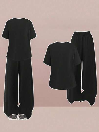 SHEIN LUNE مجموعة قطعتين للنساء ب، بدلة رياضية كاجوال مرقعة بخطوط وزخرفة فيونكة بطراز كلية جميل، ملابس علوية بأكمام قصيرة مطرز بفيونكة وبنطال بخصر مطاطي، مناسبة للارتداء اليومي وموسم العودة إلى المدرسة