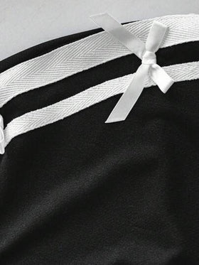 SHEIN LUNE مجموعة قطعتين للنساء ب، بدلة رياضية كاجوال مرقعة بخطوط وزخرفة فيونكة بطراز كلية جميل، ملابس علوية بأكمام قصيرة مطرز بفيونكة وبنطال بخصر مطاطي، مناسبة للارتداء اليومي وموسم العودة إلى المدرسة