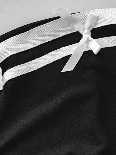 SHEIN LUNE مجموعة قطعتين للنساء ب، بدلة رياضية كاجوال مرقعة بخطوط وزخرفة فيونكة بطراز كلية جميل، ملابس علوية بأكمام قصيرة مطرز بفيونكة وبنطال بخصر مطاطي، مناسبة للارتداء اليومي وموسم العودة إلى المدرسة