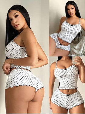 SHEIN SXY مجموعة نوم كاجوال للنساء بنقاط - توب كامي + شورت، مجموعة بيجامة نقاط للنساء 2 قطعة