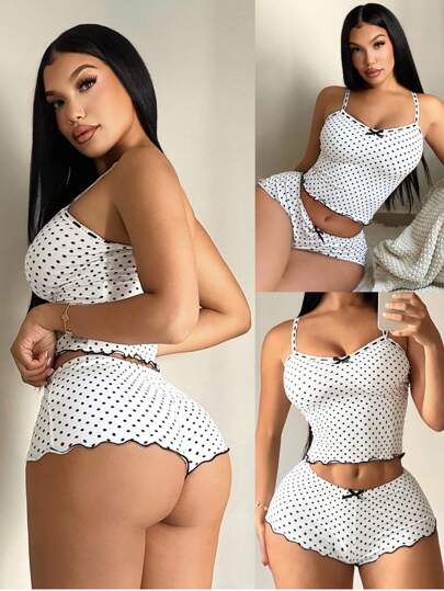SHEIN SXY مجموعة نوم كاجوال للنساء بنقاط - توب كامي + شورت، مجموعة بيجامة نقاط للنساء 2 قطعة