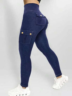 ChicMe سراويل جينز نسائية ذات خصر عالي مع جيوب بغطاء وأزرار معدنية، بتصميم ضيق مرن مناسب للرياضة والجري