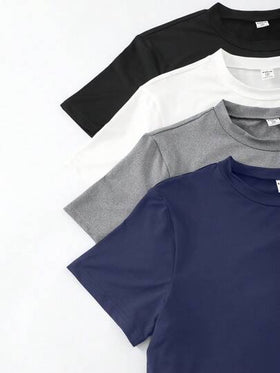 SHEIN Vacaura تي شيرت أكمام قصيرة لون سادة مناسب للارتداء اليومي، تصميم لون سادة، رقبة كلاسيكية، ناعم وراحة