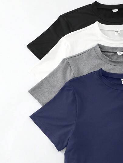 SHEIN Vacaura تي شيرت أكمام قصيرة لون سادة مناسب للارتداء اليومي، تصميم لون سادة، رقبة كلاسيكية، ناعم وراحة