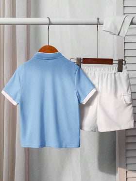 SHEIN 2 قطعة / طقم، تي شيرت محبك بياقة واقفة والوان متباينة وشورت نسيج، لأولاد صغار، مريح للاستخدام اليومي، ملائم للربيع والصيف، للبس اليومي، الرياضة، الخارج، المدرسة، الحفلات، الأعياد، التصوير الفوتوغرافي