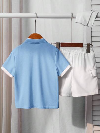 SHEIN 2 قطعة / طقم، تي شيرت محبك بياقة واقفة والوان متباينة وشورت نسيج، لأولاد صغار، مريح للاستخدام اليومي، ملائم للربيع والصيف، للبس اليومي، الرياضة، الخارج، المدرسة، الحفلات، الأعياد، التصوير الفوتوغرافي
