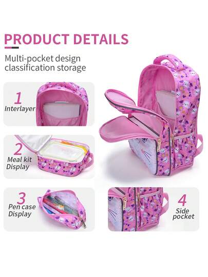 BLING BABIES 3 قطع/مجموعة حقيبة ظهر للبنات، تصميم قطة كرتونية جميلة مرصعة بالترتر، مناسبة لطلاب المرحلة الابتدائية، حقيبة ظهر أطفال مقاس 17 بوصة مع صندوق غداء وحافظة أقلام، وظيفة إضاءة - وردي