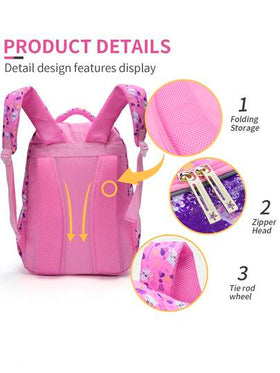 BLING BABIES 3 قطع/مجموعة حقيبة ظهر للبنات، تصميم قطة كرتونية جميلة مرصعة بالترتر، مناسبة لطلاب المرحلة الابتدائية، حقيبة ظهر أطفال مقاس 17 بوصة مع صندوق غداء وحافظة أقلام، وظيفة إضاءة - وردي